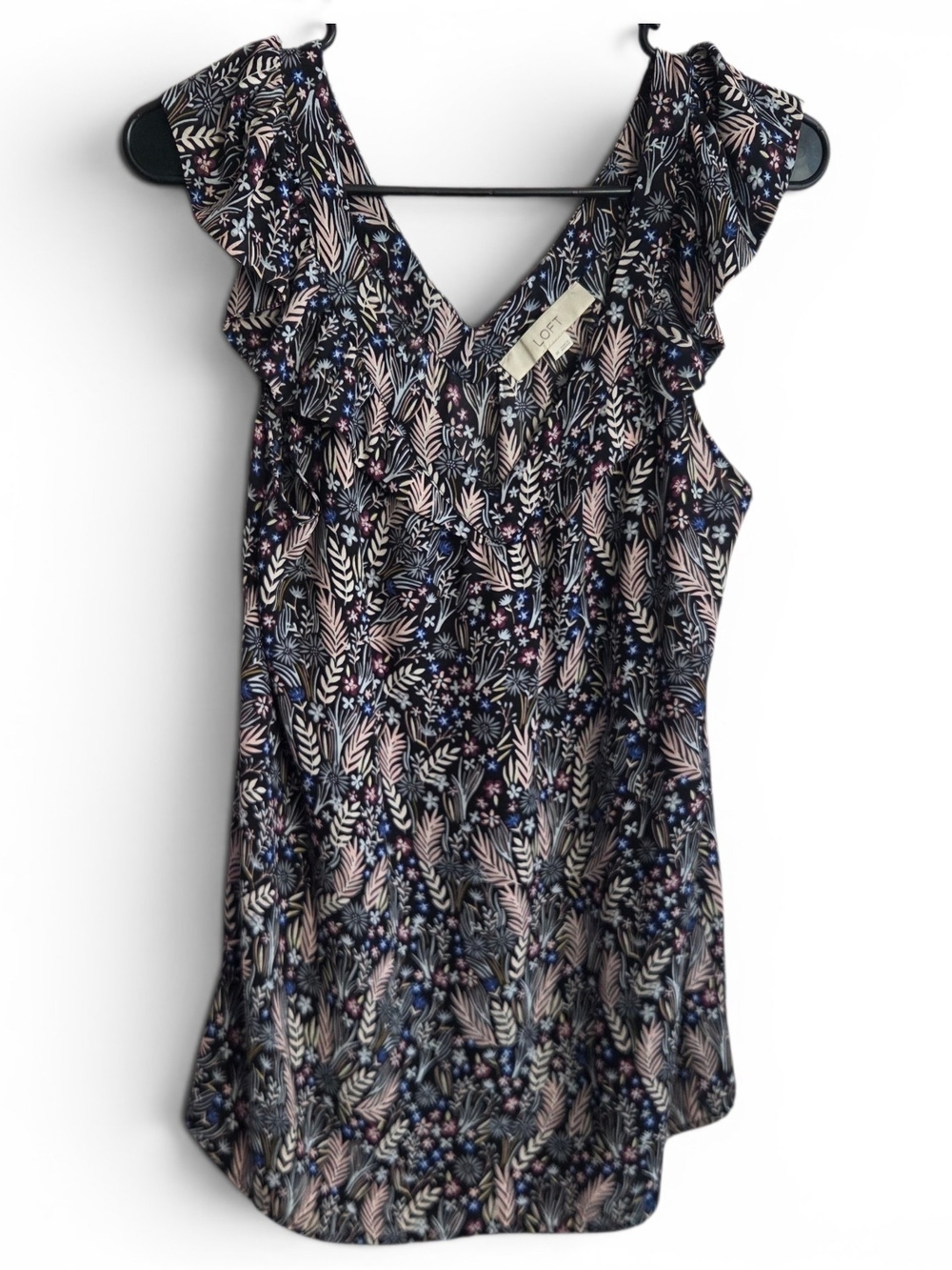 Loft Navy Floral Ruffle V-Neck Women's Top